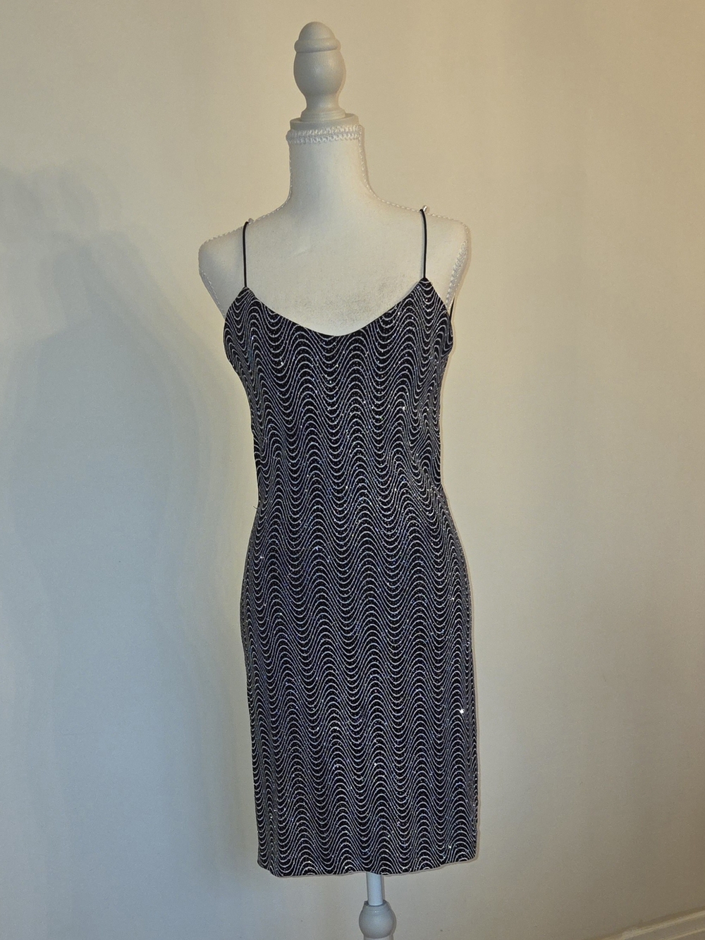 City Triangles Black and White Sparkly Wavy Backless Spaghetti Strap Dress